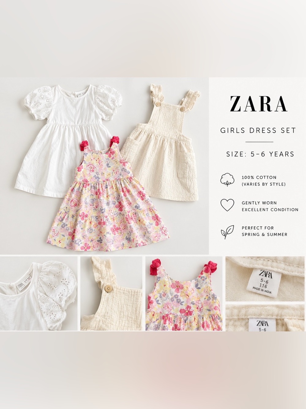 ZARA Girls Dress Set - White, Cream & Floral Pink